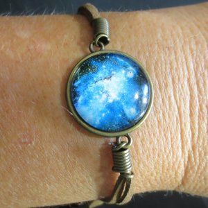 New World Glass Bracelet Astro Galactic Cabochon Bronze Tone Leather Unisex 7"